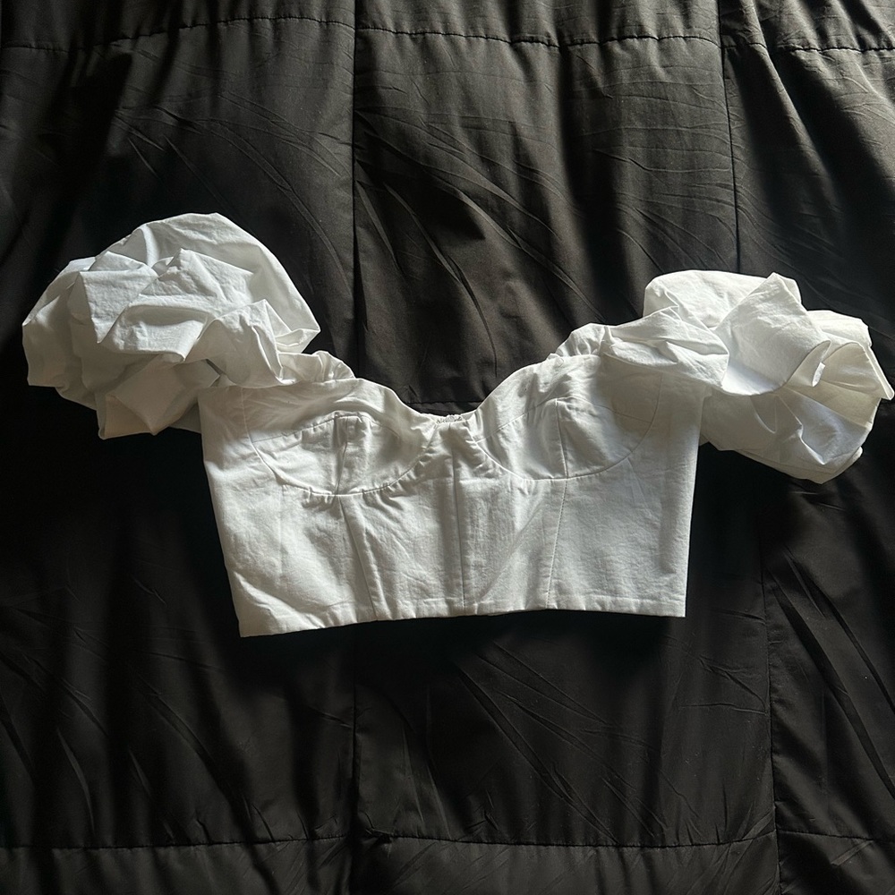 Zara White Puff Sleeve Cotton Corset Crop Top